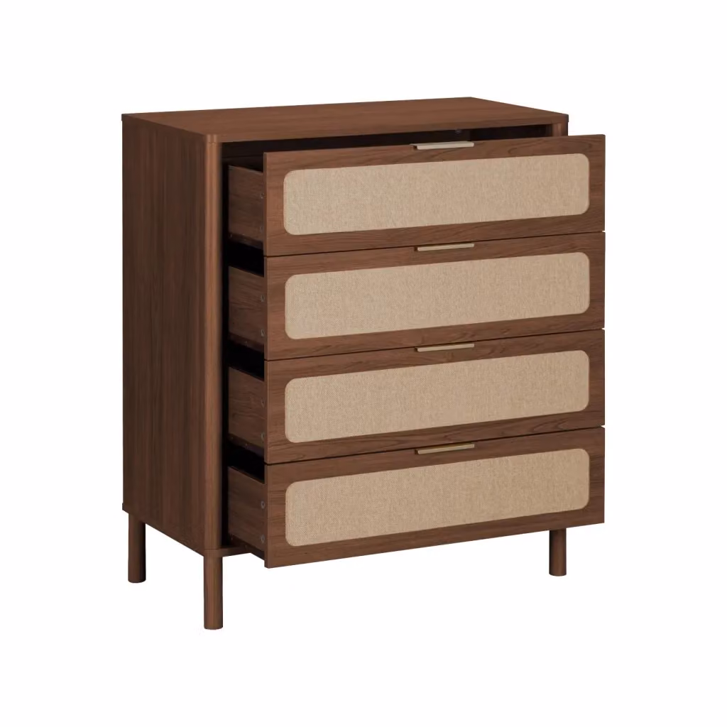 Cassettiera vintage SWEEEK in legno e rattan con dettagli in metallo oro e marrone – 2