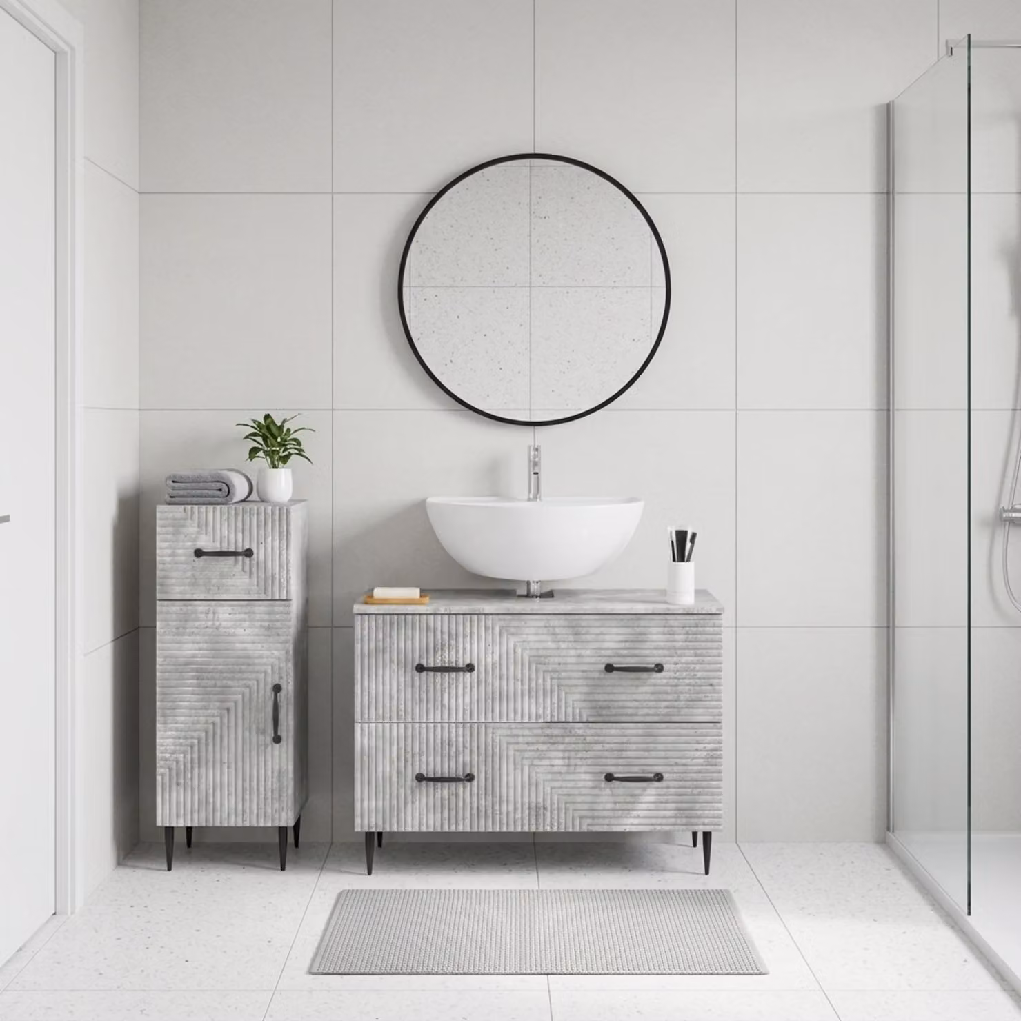 Set di mobili da bagno vidaXL HAARLEM composto da 2 pezzi, mobile lavabo e mobile contenitore, Grigio, design moderno con ante a cerniera e ripiani interni