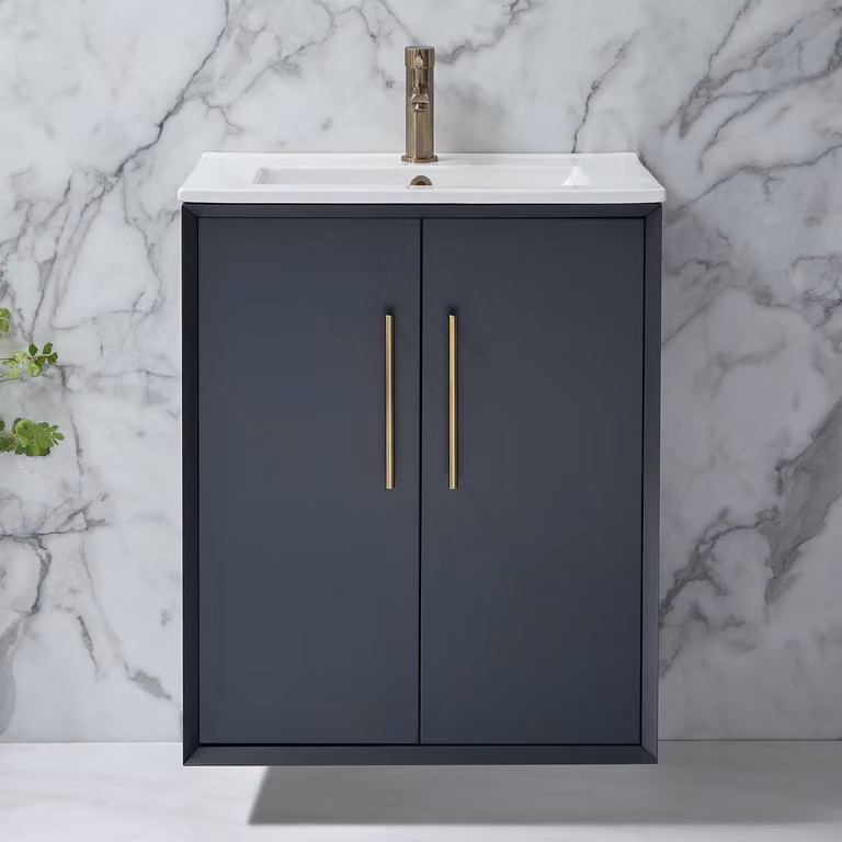 Mobile Bagno Sospeso Antracite 610mm con Lavabo e Maniglie Ottone Spazzolato con Barra a T - Edge