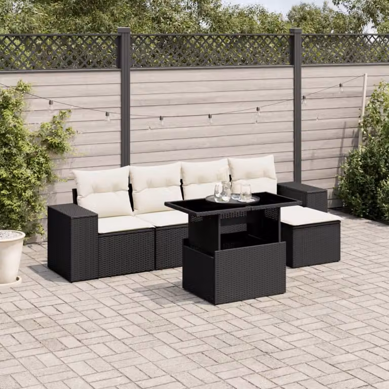 Set Divano da Giardino vidaXL 6 pz in Polyrattan Nero con Cuscini e Tavolino