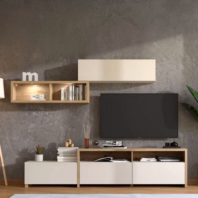 Mobile Soggiorno Tiana, Parete Attrezzata 6 Ripiani, 237.5x41.5x160.5h cm Bianco Crema