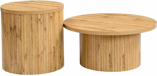 Set di 2 tavolini rotondi da salotto GL Store in legno naturale con pannelli a listelli e angoli arrotondati, L/P/H: 75 x 75 x 36 cm e L/P/H: 50 x 50 x 50,5 cm – 1