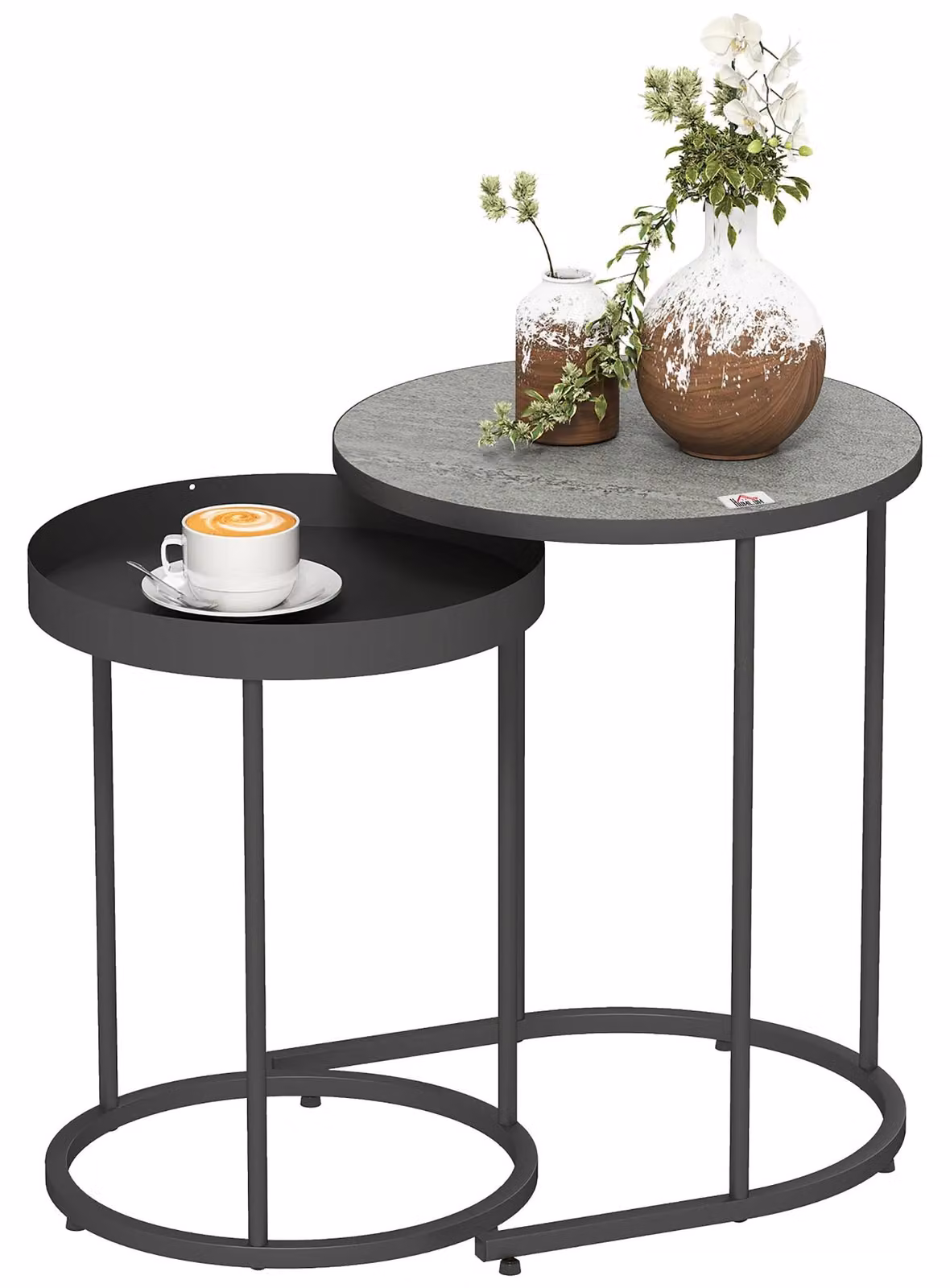 Tavolino da divano - Set da 2 pezzi - Design a vassoio - Aspetto legno - Struttura in metallo - Grigio