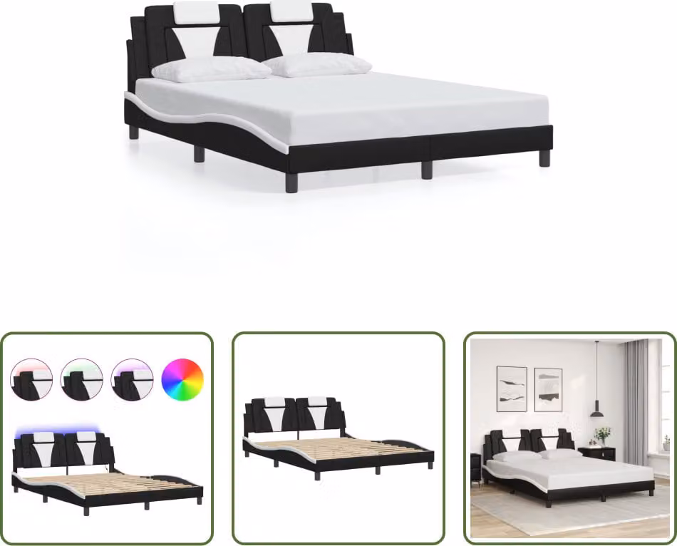The Living Store Struttura letto con LED bianco e nero 160x200 cm in ecopelle