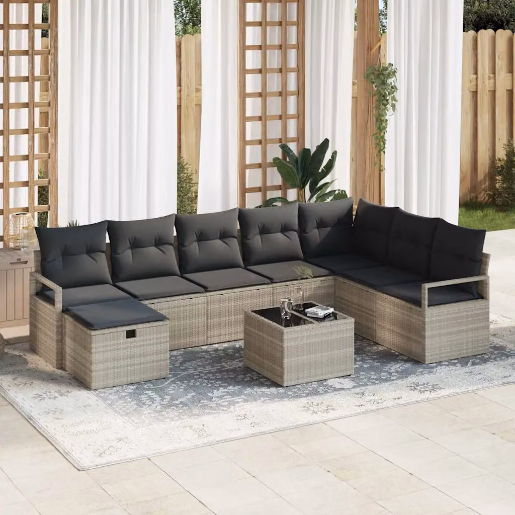 Set di divani da giardino vidaXL 9 pezzi in rattan con cuscini grigi e struttura in metallo – 1