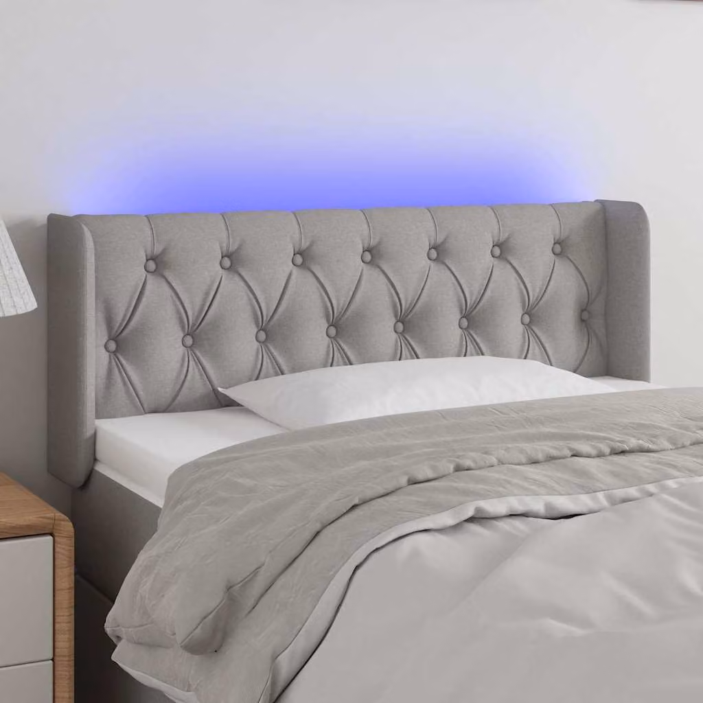 Testiera per letto vidaXL in tessuto grigio chiaro con illuminazione LED e porta USB, L 93 cm, P 16 cm, H 78-88 cm