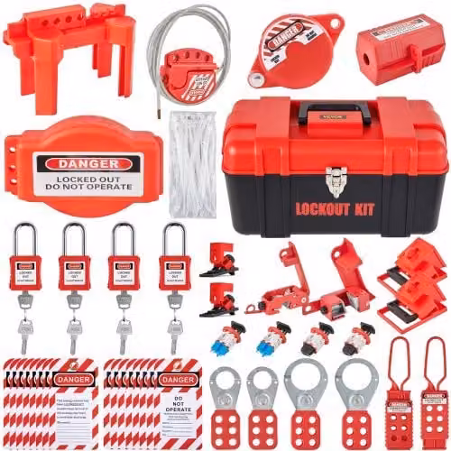 VEVOR Kit di Blocco di Sicurezza per Attrezzatura Elettrica con 42 Pezzi, 5 Tipi di Serrature, Fermagli, Etichette e Fascette in Plastica, Colore Rosso