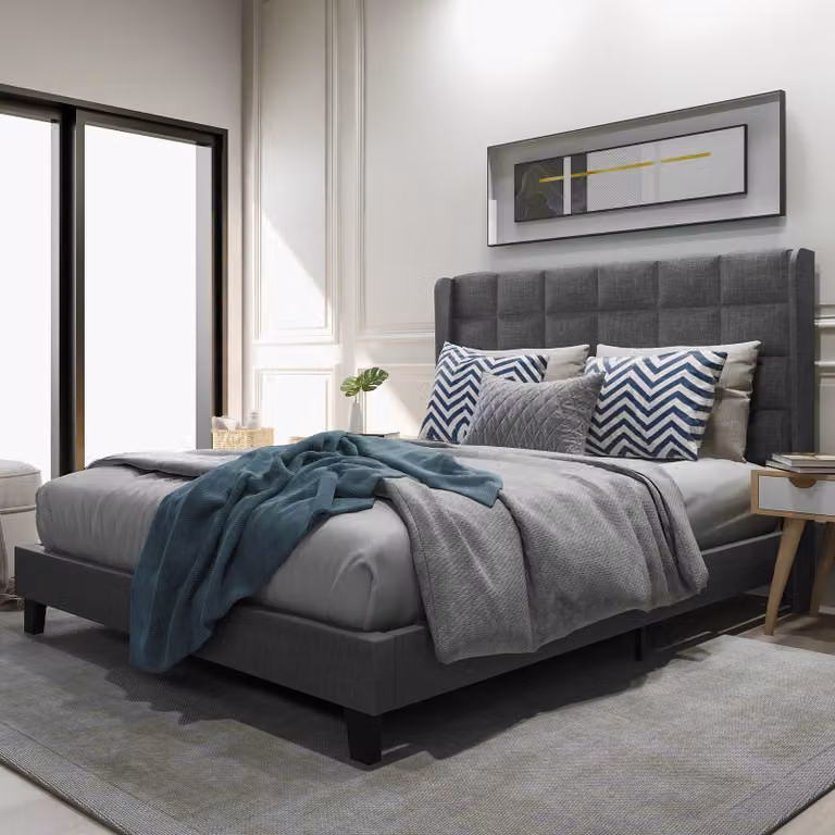 Letti imbottiti Merax 140x200cm letto matrimoniale in tessuto, struttura letto con rete a doghe e testata imbottita, grigio