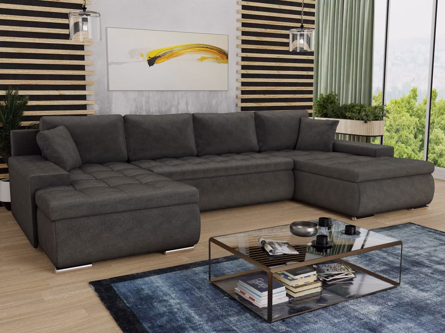 Combo divano letto a forma di U Faris - Divano, divano letto con contenitore, set divano letto, divano grande, divano letto (grigio scuro (Kronos 22))