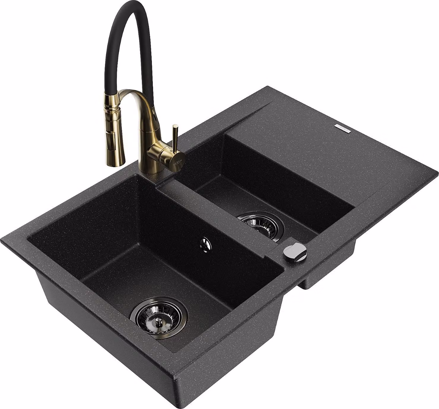 Mexen Gaspar lavello in granito 1,5 vasche con sgocciolatoio e rubinetto da cucina Aster, nero/argento - 6507-73-73450-57-B
