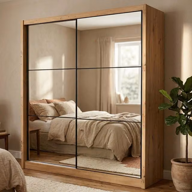 Armadio da camera da letto moderno DMORA con ante scorrevoli in legno e vetro, colore marrone rovere e nero, L: 213 cm, H: 216 cm – 1