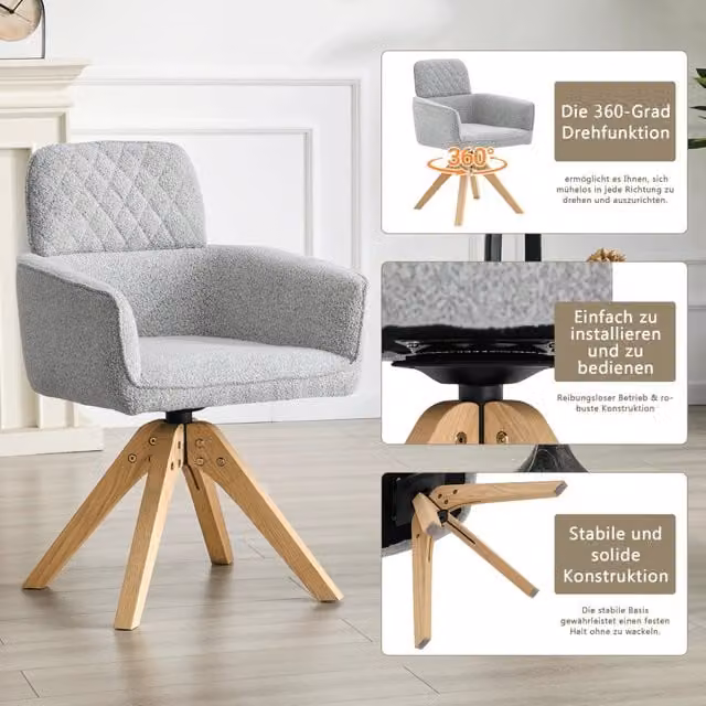 Set 2 sedie da pranzo girevoli a 360° in tessuto grigio a rombi, gambe in legno massello, design moderno per cucina e sala da pranzo