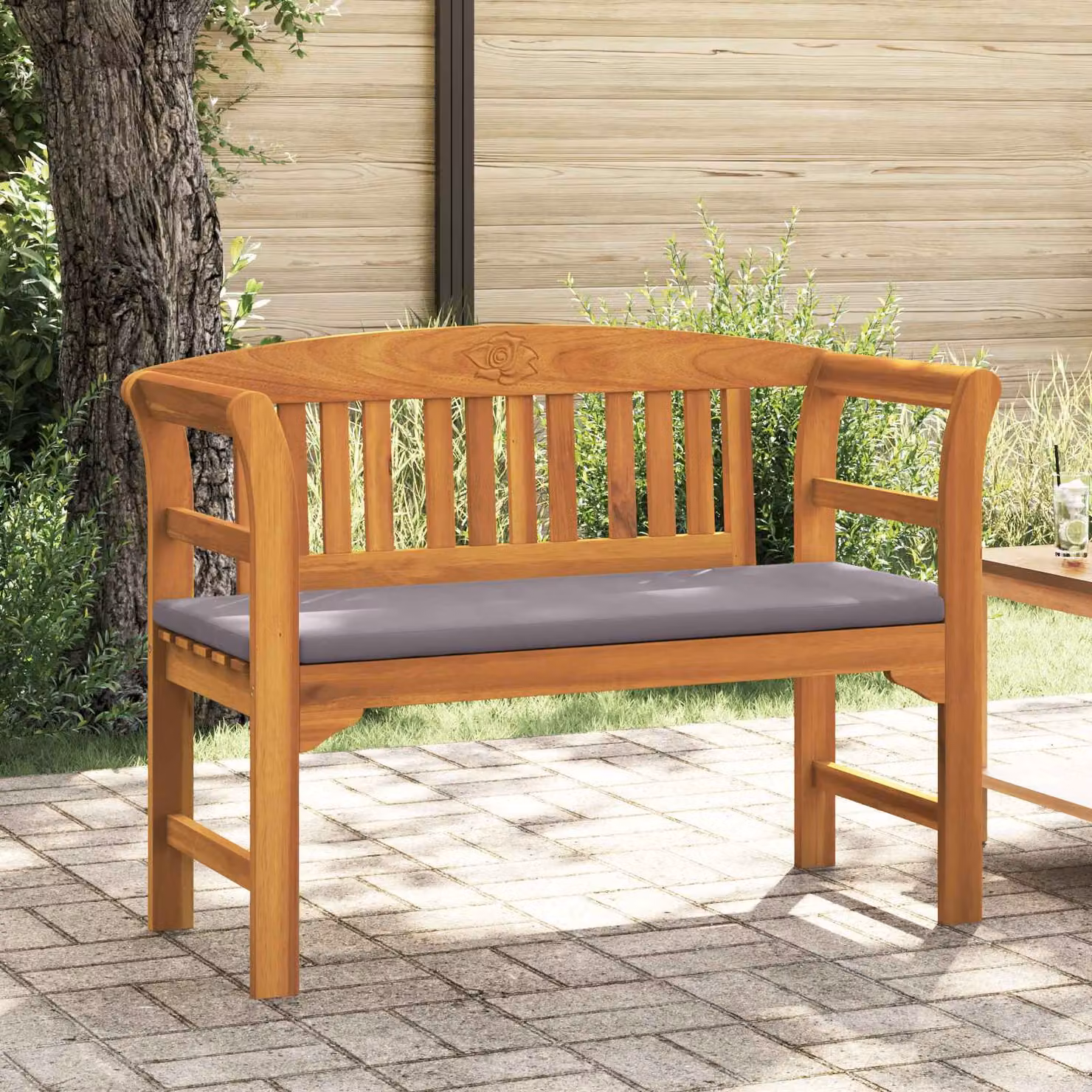 Panchina da giardino vidaXL in legno di acacia oliato con cuscini, L: 114 cm, P: 46 cm, H: 82,5 cm – 1
