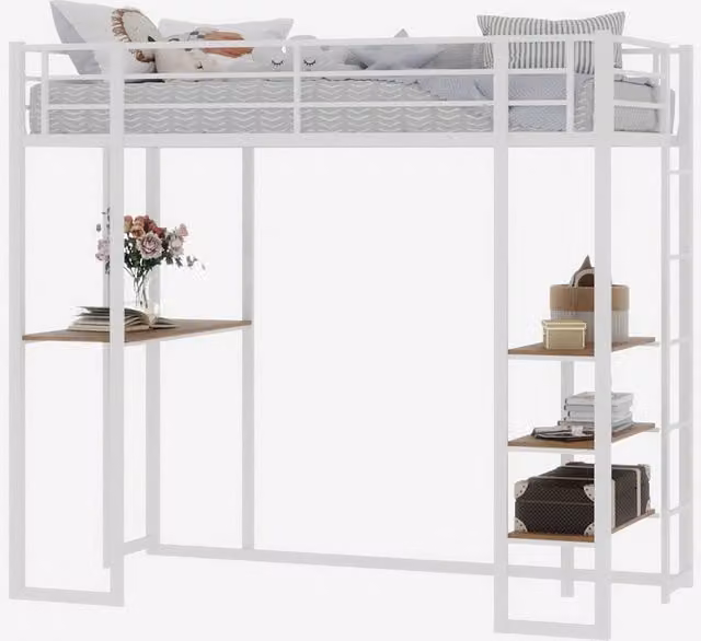 Letto a soppalco singolo in metallo bianco con scrivania e scale, L/P/H: 190 x 90 cm – 1