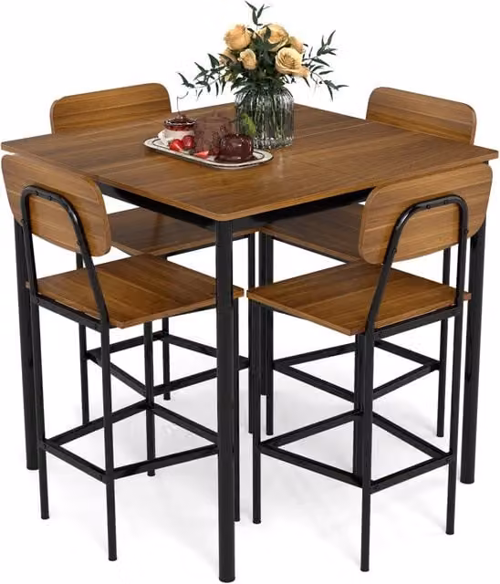 Set da Pranzo 5 Pezzi Tavolo Alto con 4 Sgabelli da Bar MDF e Acciaio Stile Industriale Teak Salvaspazio Robusto