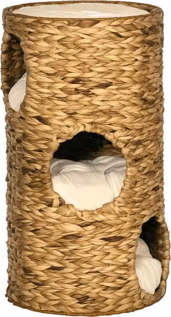 Torre Tiragraffi per Gatti PawHut con 3 Livelli e Cuscino Incluso, Design Bohémien in Rattan, L/P/H: 40 x 40 x 73 cm, Marrone Chiaro e Crema, Aosom – 1