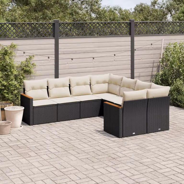 Set di Divani da Giardino a L vidaXL con 8 Cuscini, Struttura in Metallo e Polyrattan, Nero e Bianco