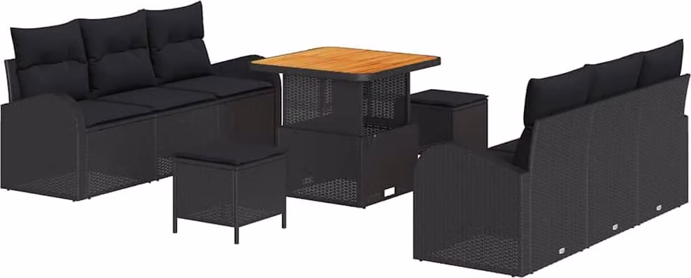 Set Divano da Giardino con cuscino 9 pcs Nero polyrattan