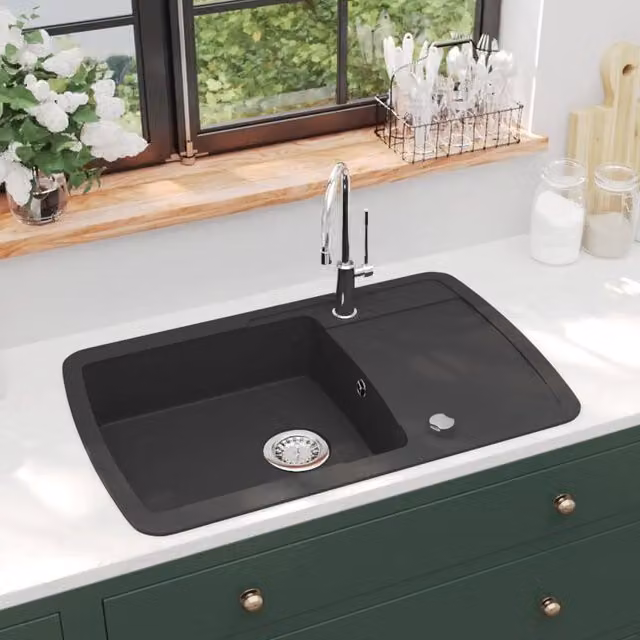 Lavello da Cucina in Granito Vasca Singola-Lavandino-Lavabo Nero 671145