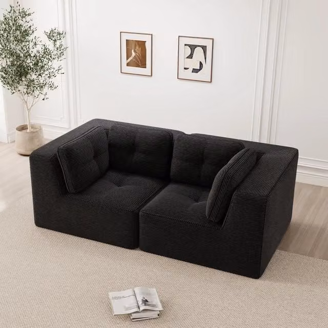 Divano Angolare Modulare 2 Posti ¨C MINIMAL ¨C Velluto a Coste Nero