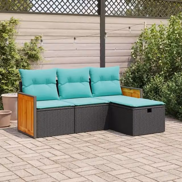 Set Divani da Giardino 4 pz con Cuscini Nero in Polyrattan 3326005