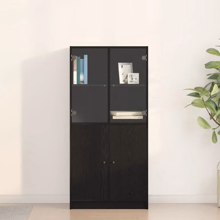 Credenza moderna vidaXL in legno e MDF con ante in vetro, colore nero, L 68 x P 37 x H 142 cm