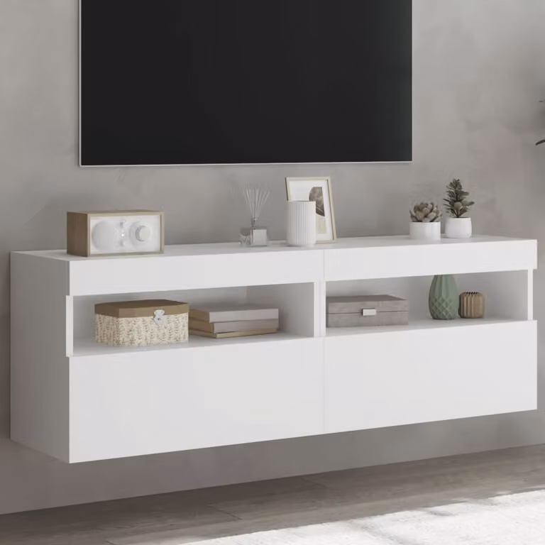 Set di 2 mobili TV da parete vidaXL con luci LED integrate, design moderno in legno e MDF, colore bianco, L 60 cm x P 30 cm x H 40 cm