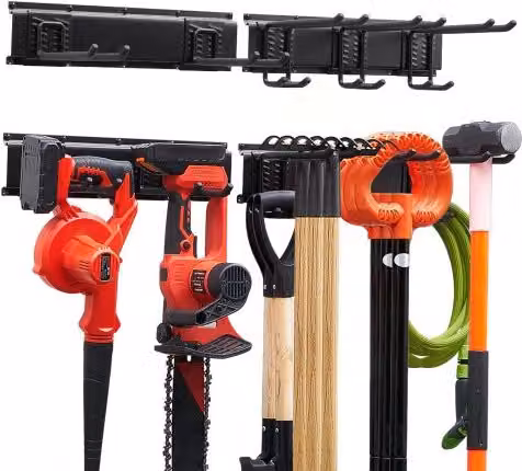 VEVOR Porta Attrezzi da Parete per Garage e Giardino Nero, Organizzatore con 2 Binari e 5 Ganci Regolabili, Larghezza: 83,8 cm