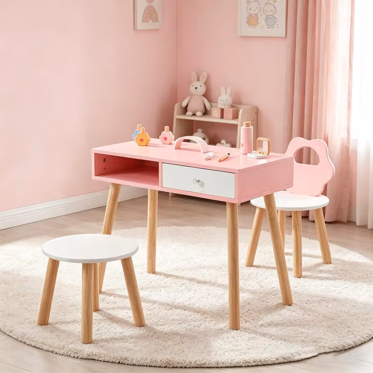 Tavolino da trucco per bambini, tavolo per manicure con sedia e sgabello, tavolino da parrucchiere in legno, tavolo per unghie con ombretti, pennelli da trucco, asciugacapelli per unghie e 3 smalti. Set per giochi di ruolo a tema salone di bellezza per ba