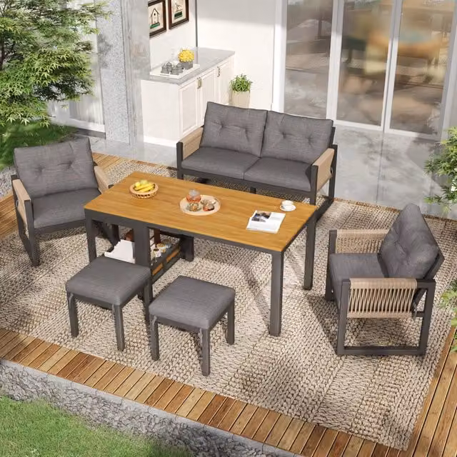 Set da giardino con divano due posti poltrone pouf e tavolo rimovibile in ferro grigio naturale 150 × 79,5 × 75 cm