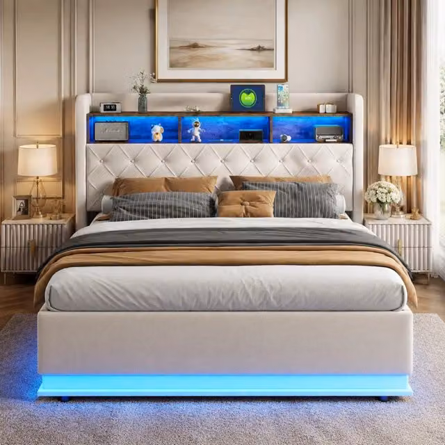 Letto matrimoniale MODFU imbottito beige con contenitore idraulico, illuminazione LED sottostante, porta USB e mensola integrata L/P: 180 x 200 cm