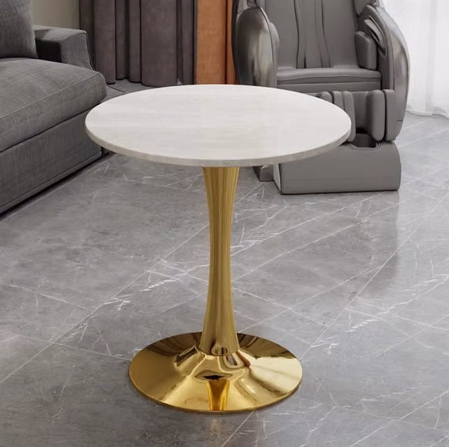 Tavolino rotondo 70 cm dorato/bianco – piano effetto marmo, stile moderno
