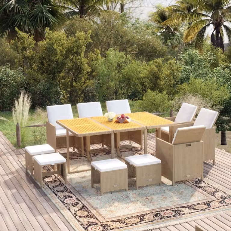 The Living Store Set da pranzo da giardino 11 pezzi con cuscini in poly rattan beige