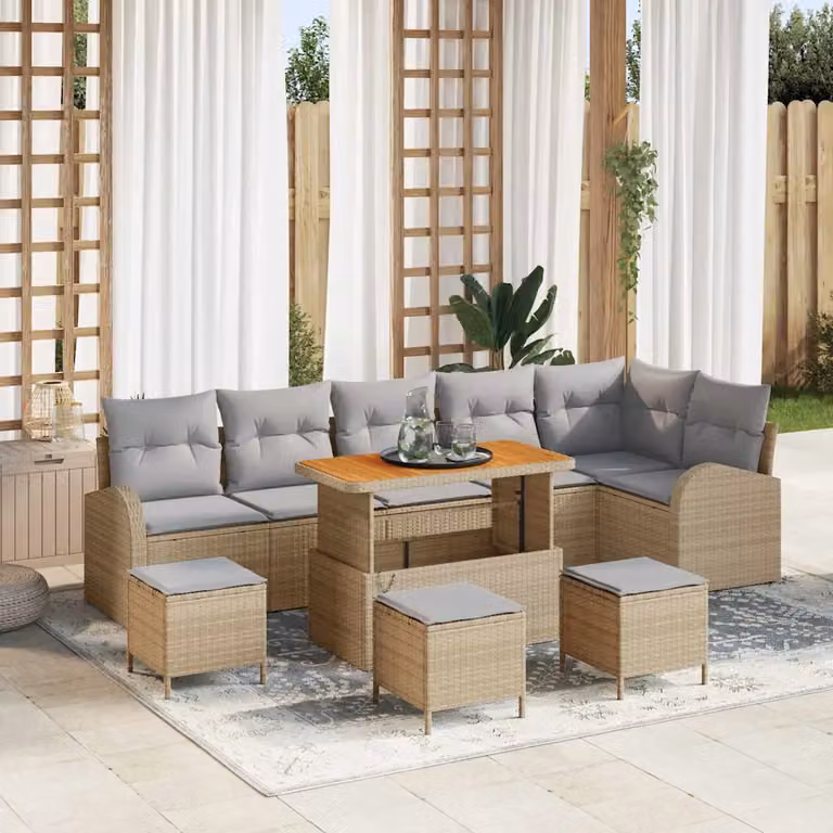 Set Divano da Giardino 10 Pezzi vidaXL Beige con Cuscini e Tavolino in Polyrattan e Metallo