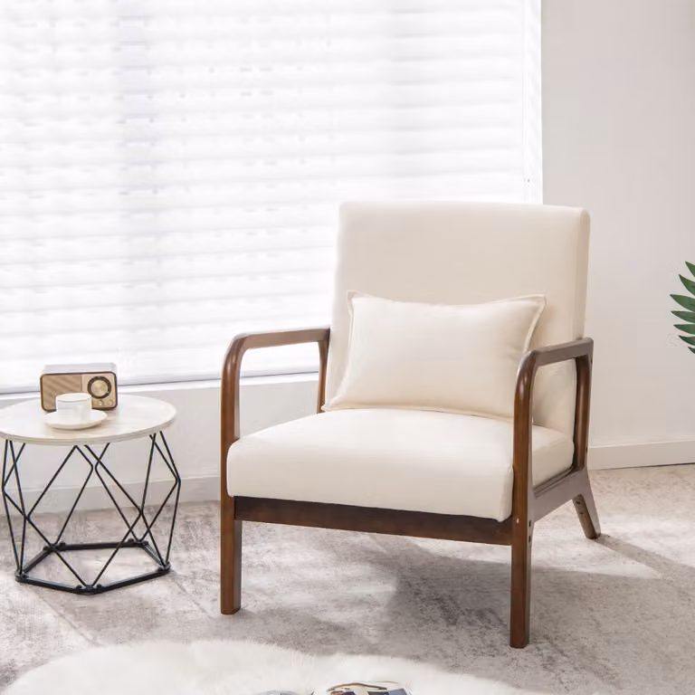 Poltrona lounge Costway in stile mid-century con telaio in legno di gomma e rivestimento in tessuto beige con braccioli e imbottitura in schiuma