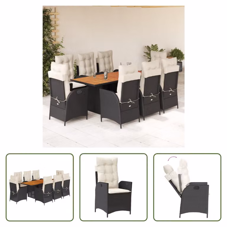 The Living Store Set da pranzo da giardino 9 pezzi con cuscini in polirattan nero