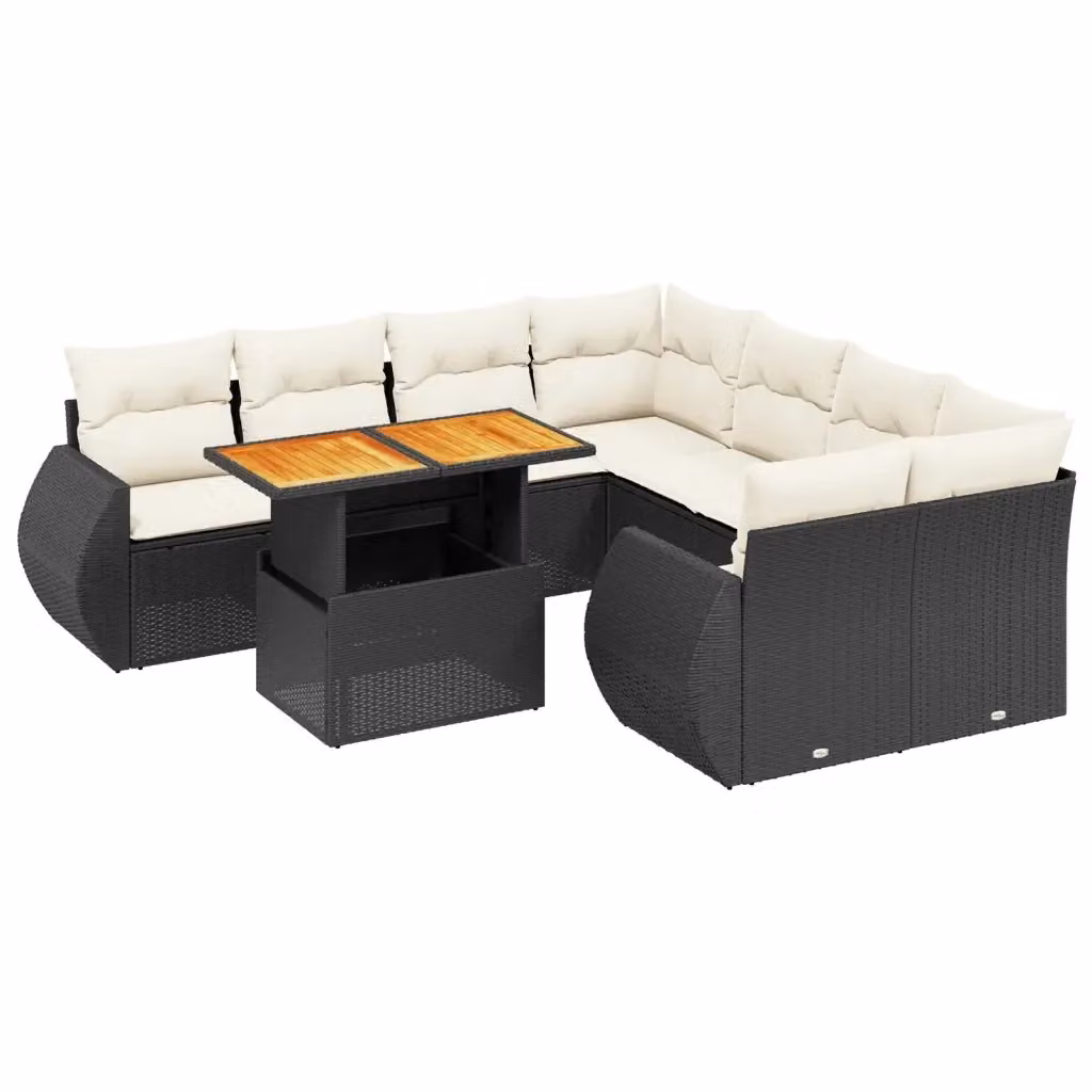 Set di Divani da Giardino vidaXL 9 pz a Forma a L con Cuscini, Tavolino e Struttura in Metallo e Polyrattan, Colore Nero e Bianco – 2