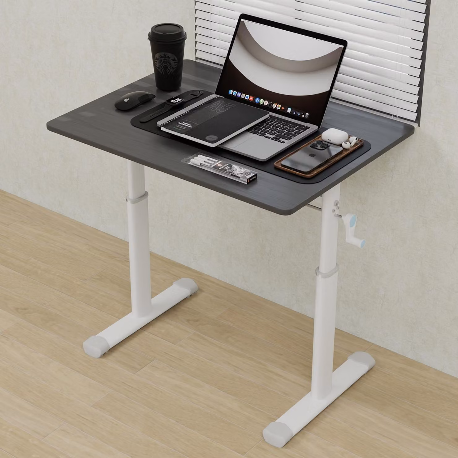 scrivania regolabile in altezza okwish scrivania per ufficio con manovella e gambe bianche, scrivania per computer con struttura a doppia colonna, grigio--60*80