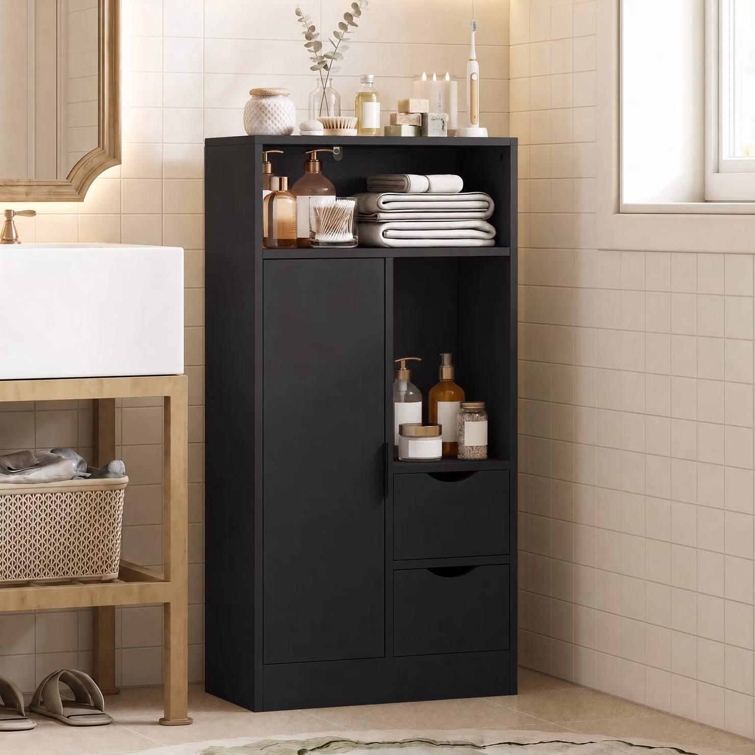 Mobiletto da bagno slim HOMCOM con cassetti e scomparti aperti, nero opaco – 2
