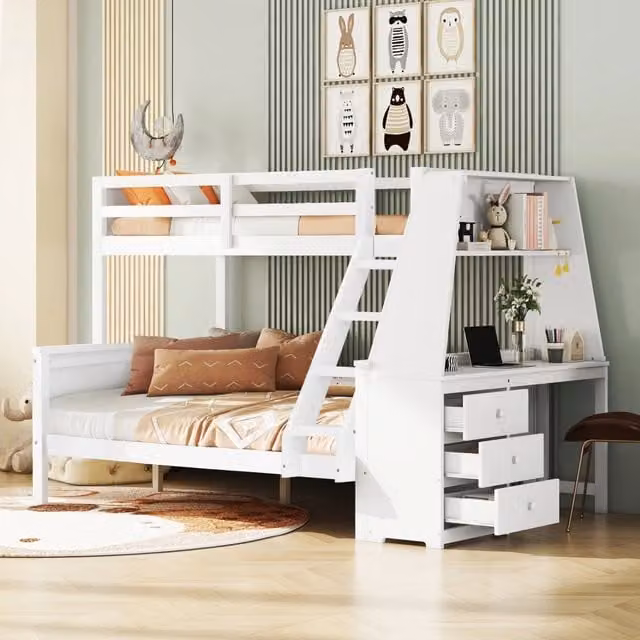 Letto a castello per bambini WISHDOR in legno e MDF bianco con cassetti, scaffali e struttura a casetta, L/P/H: 243 x 120 x 151 cm