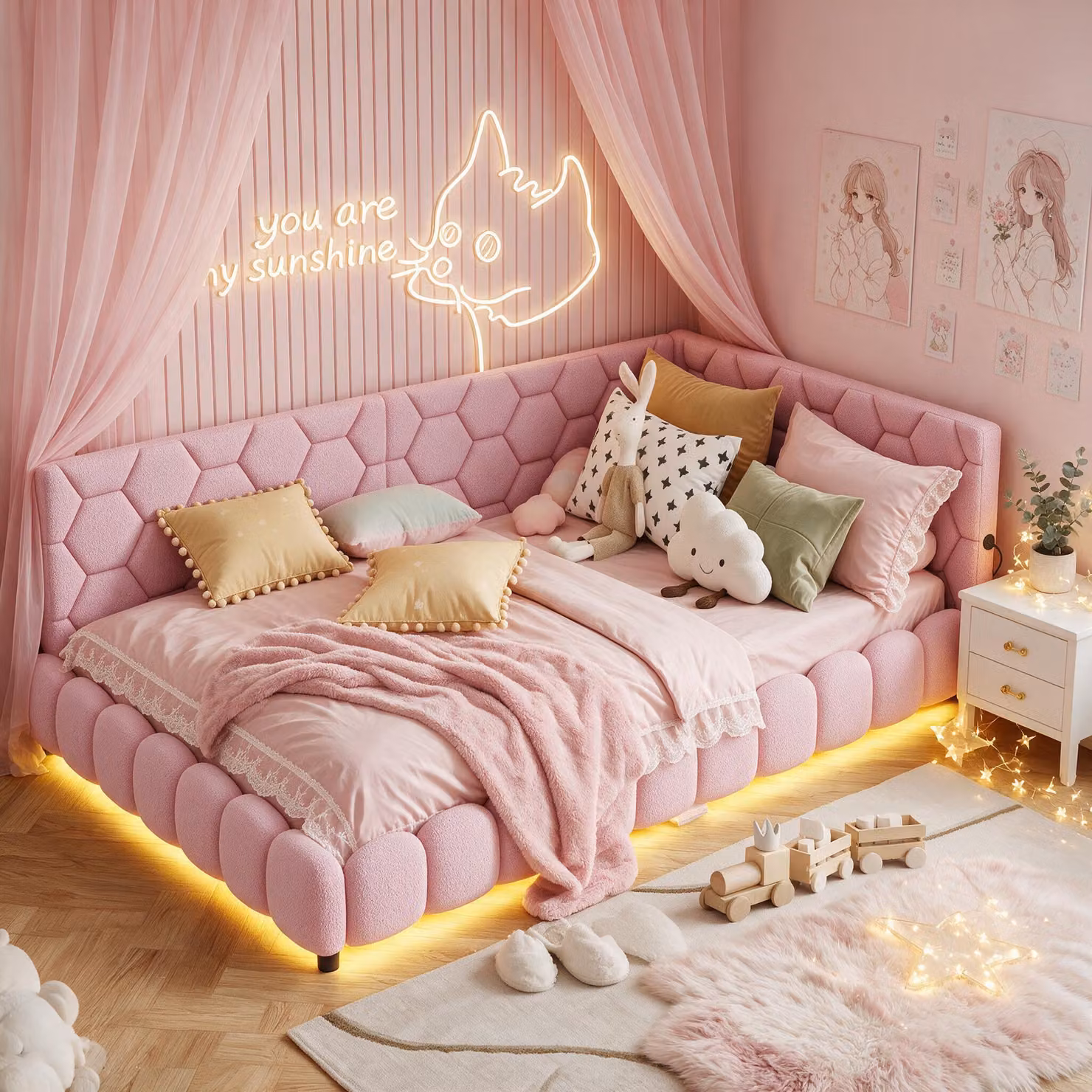 Letto imbottito trasformabile in divano letto, 140x200 cm, letto per ragazzi con illuminazione LED, prese USB e di tipo-C, divano letto con rete a molle, rivestito in lana, colore rosa