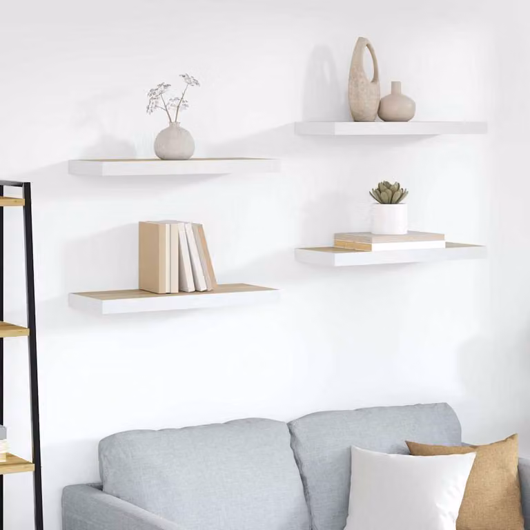 Set di 4 Scaffali da Parete vidaXL in MDF e Metallo, Colore Rovere e Bianco, L 60 x P 23,5 x H 3,8 cm