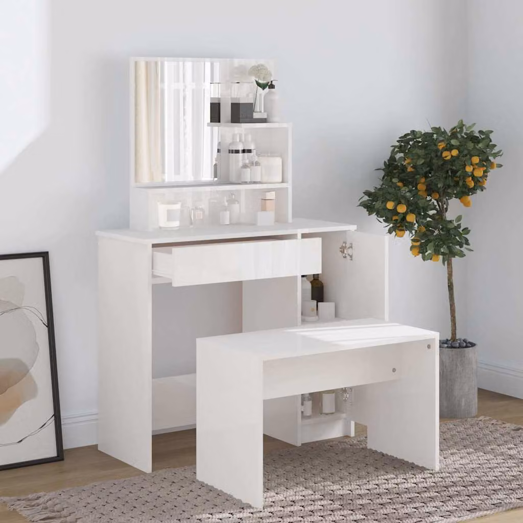 Set Tavolo da Toeletta vidaXL Bianco Lucido L: 86,5 cm, P: 35 cm, H: 136 cm – 1