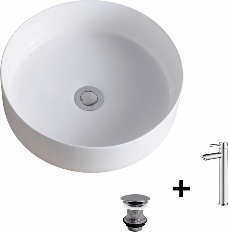 Lavabo da appoggio tondo 36x36cm + rubinetto + piletta DIEGO