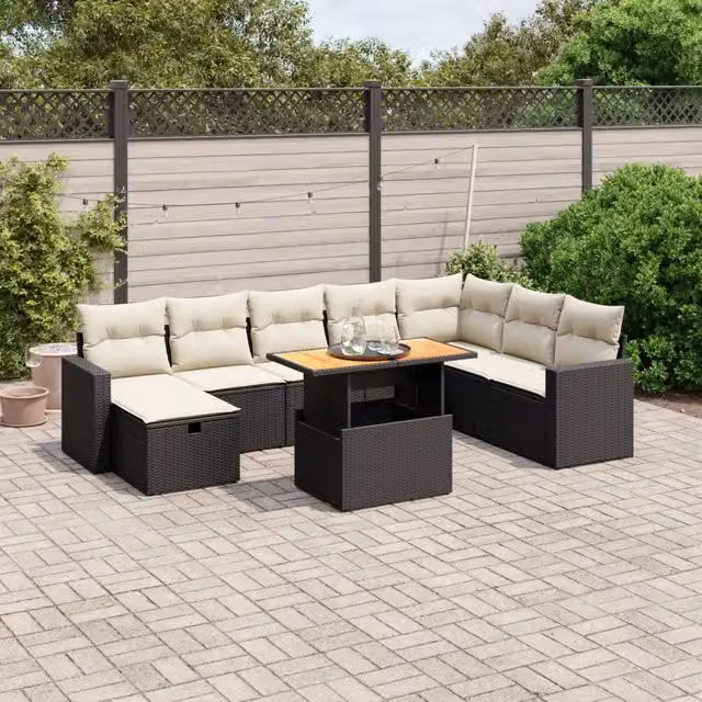 Set Divani da Giardino 9 pz con Cuscini Nero in Polyrattan 3271448