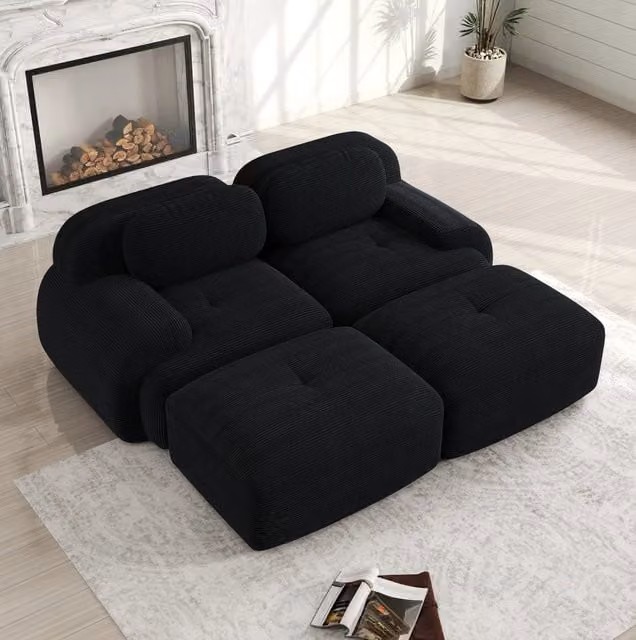 Divano angolare modulare in velluto a coste nero 208x178x70 cm senza struttura