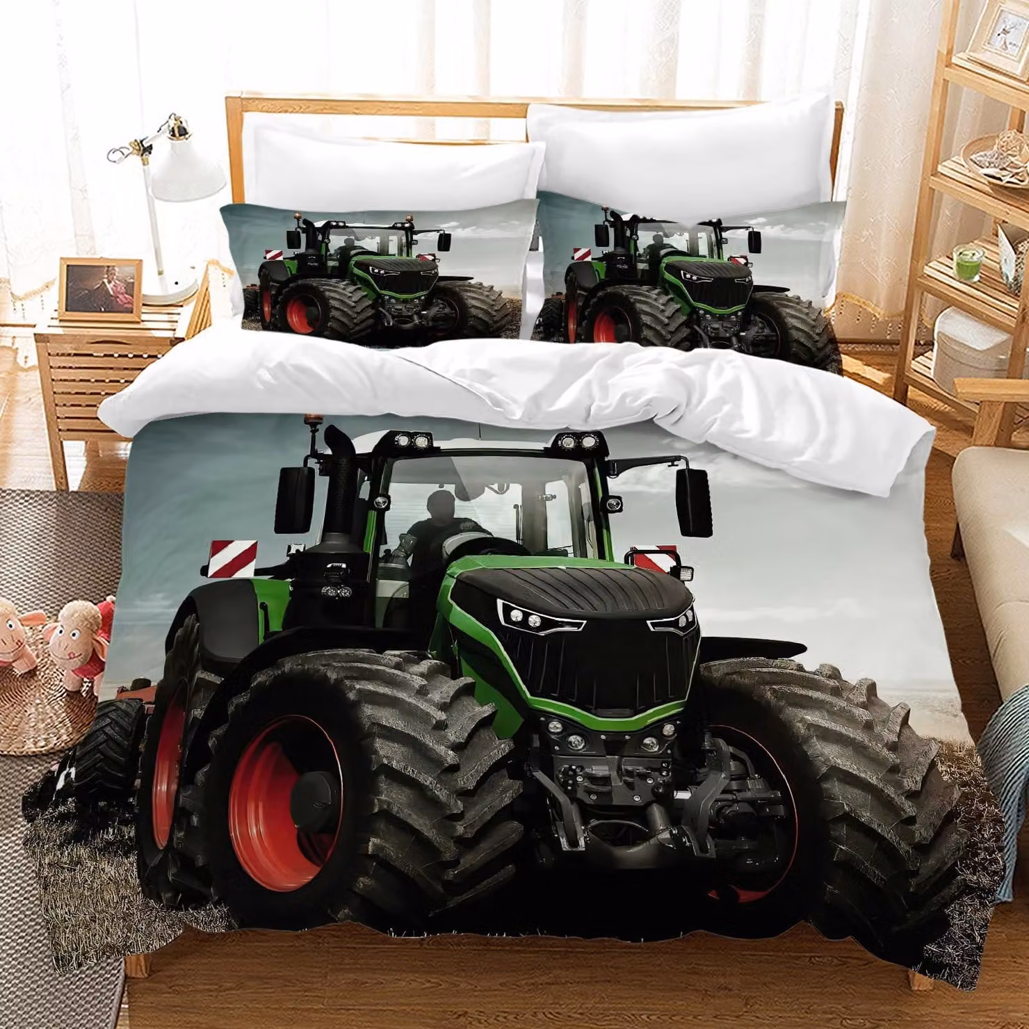 Set completo per letto a tema trattore 3D - composto da 3 pezzi, con cerniera e 2 federe da 65x65 cm