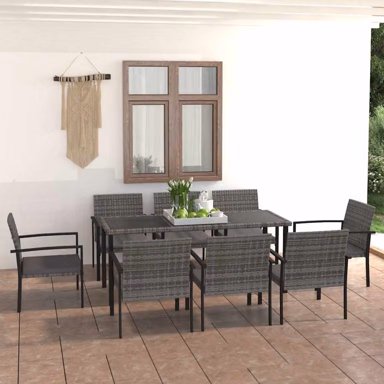 Set da pranzo da giardino vidaXL in 9 pezzi in polyrattan grigio e nero con piano in vetro