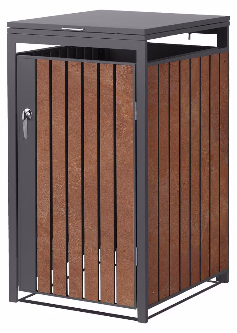 ML-Design, contenitore per bidoni della spazzatura, 1 pezzo. Bidone della spazzatura da 240 litri, dimensioni 68x80x120 cm, finitura effetto ruggine antracite, acciaio, resistente agli agenti atmosferici, copertura per bidoni della spazzatura con serratur