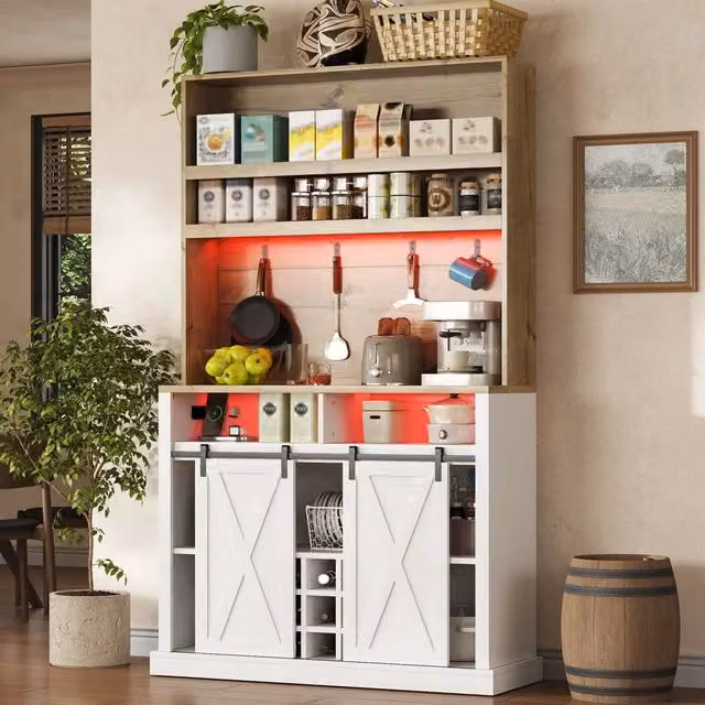 Mobile da cucina alto Minimal bianco con LED, portavini e vetrina, H: 191 cm, L: 40 cm, P: 54 cm